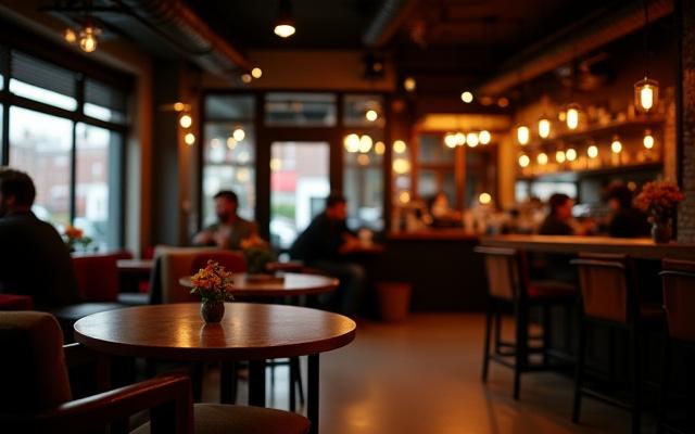 엔진커피 내부 인테리어는 따뜻한 분위기와 모던한 디자인이 조화를 이루고 있습니다.