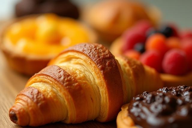 갓 구워진 바삭하고 먹음직스러운 크루아상과 페이스트리