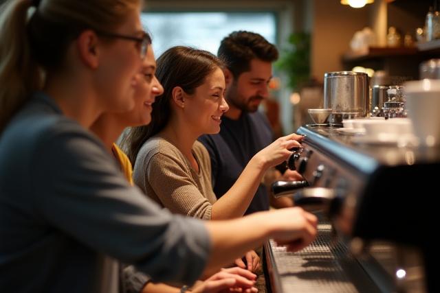 바리스타 워크샵에서 참가자들이 커피 추출 기술을 배우는 모습