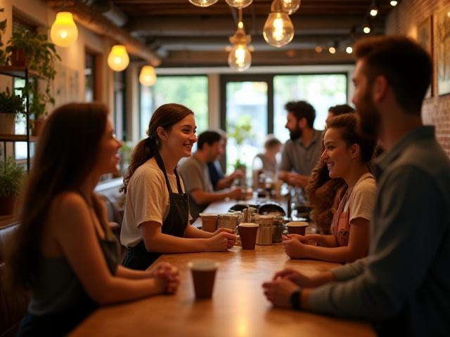 바리스타와 손님들이 웃으며 소통하는 엔진커피 매장의 활기찬 모습