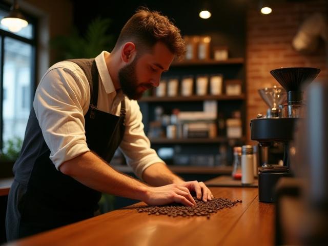 엔진커피 창업 스토리 - 바리스타가 원두를 고르고 있는 모습